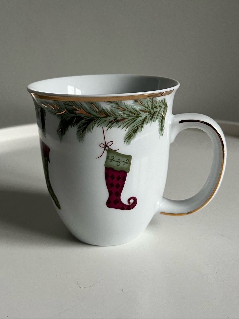 White Fine Porcelain Holiday Mug Hanging Christmas Stocking Design Gold Trim